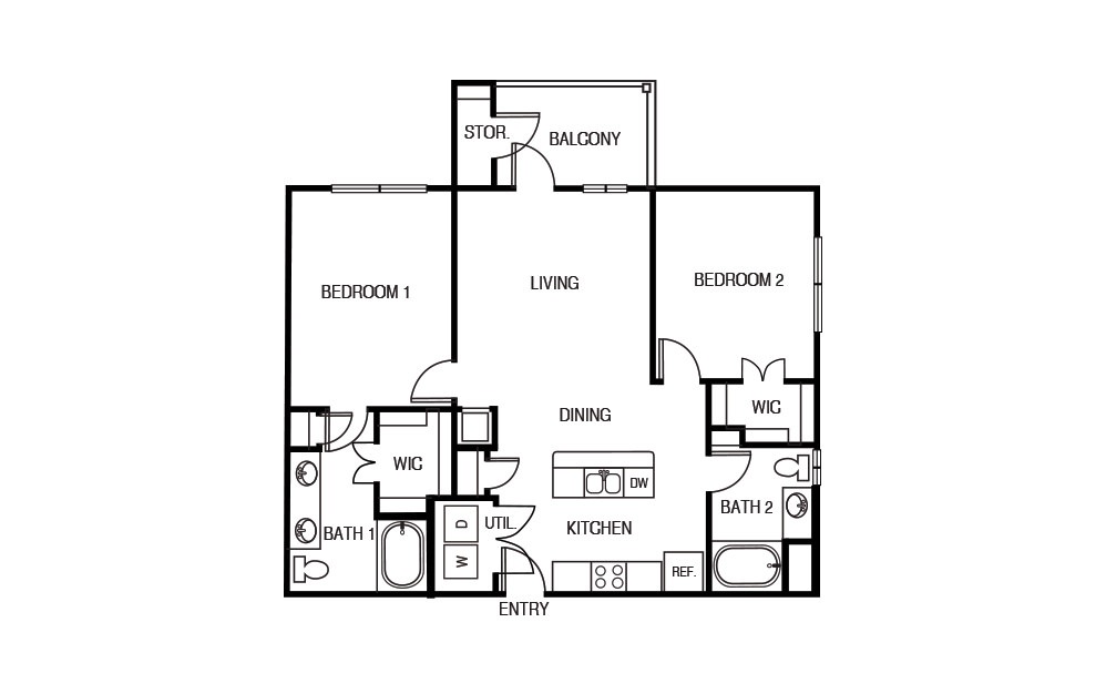 The Agarita - 2 bedroom floorplan layout with 2 baths and 1075 square feet.