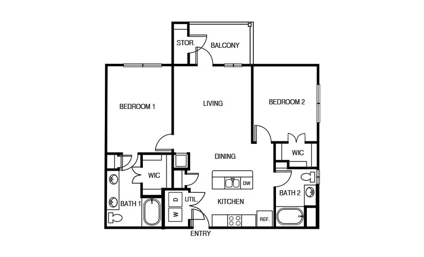 The Agarita - 2 bedroom floorplan layout with 2 bathrooms and 1075 square feet