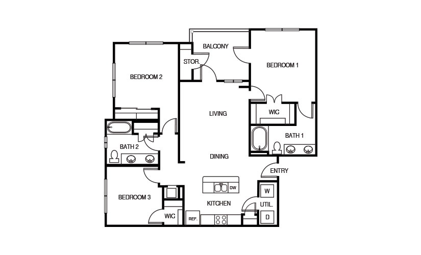 The Yucca - 3 bedroom floorplan layout with 2 bathrooms and 1300 square feet